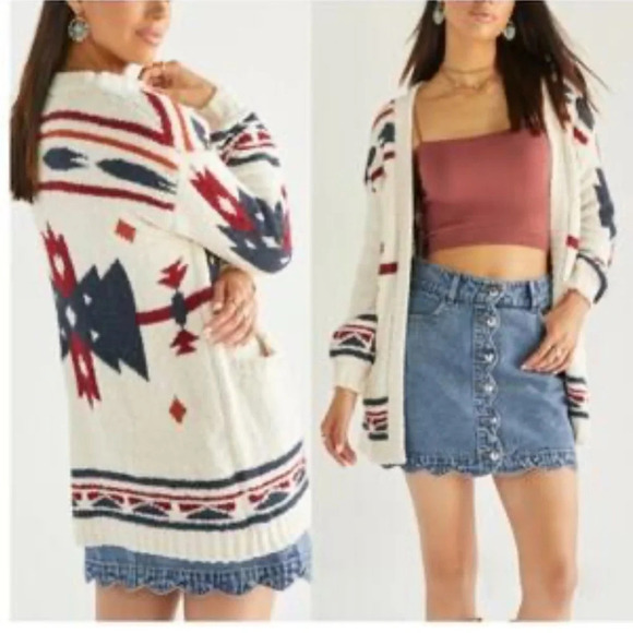 Audrey‎ Parks by Francesca tribal boho western print oversized knit cardigan sm - Picture 1 of 9